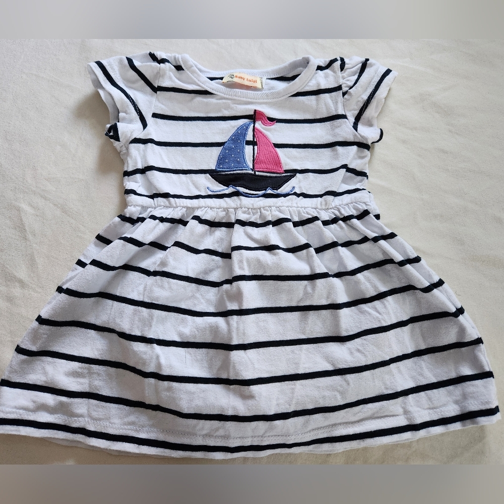 Baby Luigi Sailboat Striped Kids Dress - White and Navy